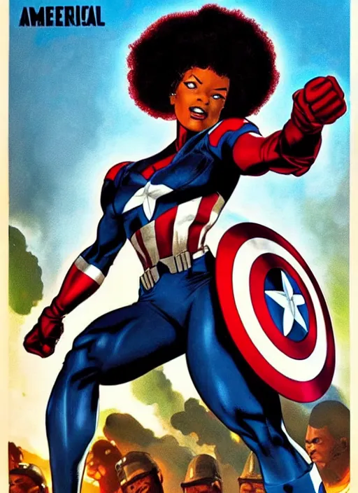 Image similar to beautiful black female captain america. afro - feminist captain america wins wwii. american wwii propaganda poster by james gurney, rob liefeld and pixar. gorgeous face. overwatch, realistic. black power