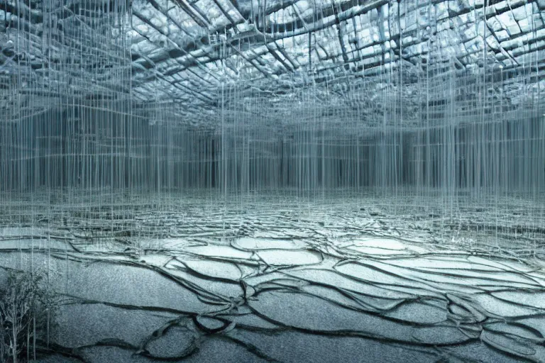 Prompt: tarkovsky stalker greatest scene, refik anadol led screen render, interior neo futuristic ultra white and clean mycelium architecture, stranded natural hemp ropes, biennale architecture installation, bioremediation, + unreal engine 5 + realistic render