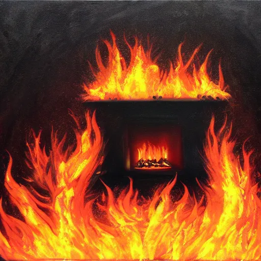 Prompt: Kanye Donda listening party house, dark oil painting, flames, fire