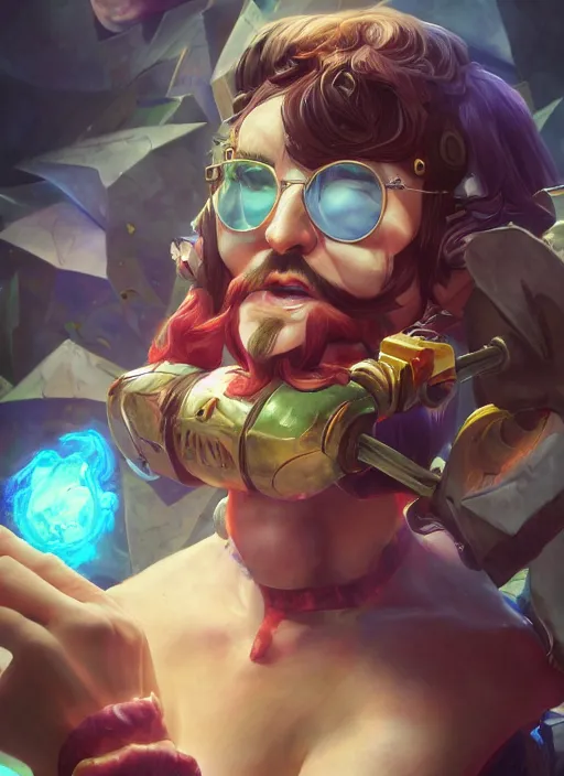 Prompt: charly garcia as a character from league of legends, hyper detailed, digital art, overhead view, trending in artstation, studio quality, smooth render, unreal engine 5 rendered, octane rendered, art style by klimt and nixeu and ian sprigger and wlop and krenz cushart