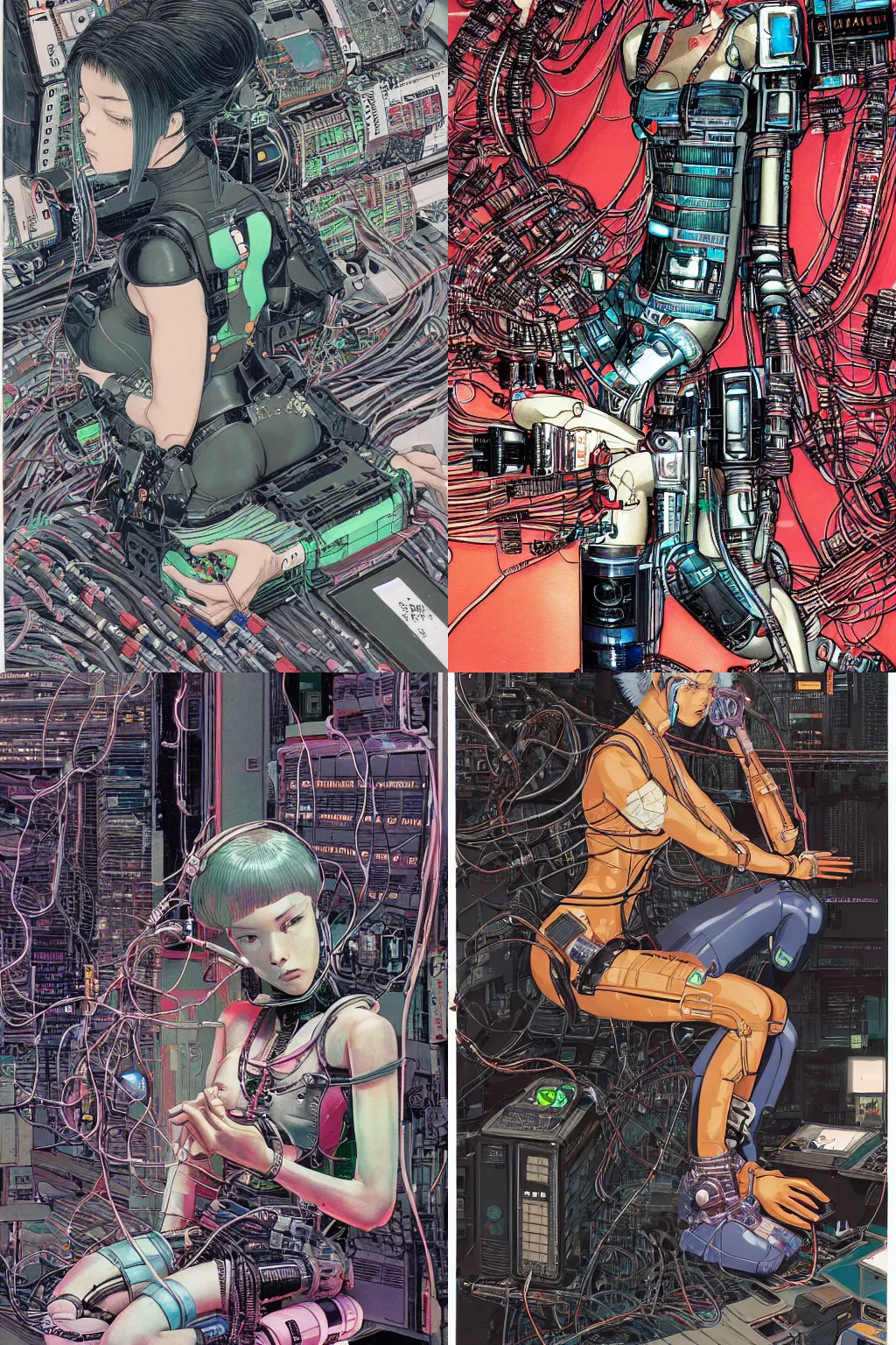 Prompt: an hyper-detailed cyberpunk illustration of a female android seated on the floor in a tech labor, seen from the side with her body open showing cables and wires coming out, by masamune shirow, and katsuhiro otomo, japan, 1980s, centered, colorful, bob cut