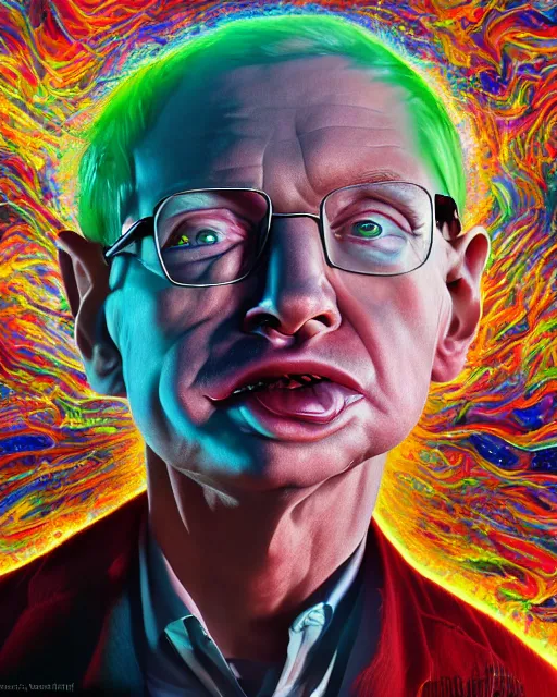 Prompt: portrait ultra dimensional stephen hawking, accidentally tripping on dmt and acid, psychedelic experience, overwhelming psychosis of self realization and burning awakening, ultra high definition, unreal engine 5, hyperrealism, masterpiece composition, by casey weldon, barclay shaw 8 k photorealistic