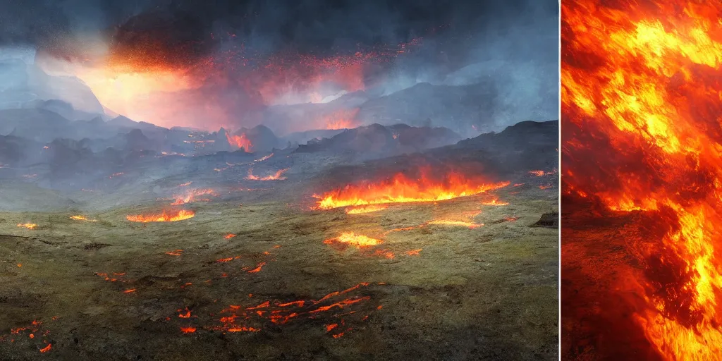 Image similar to two completly different landscapes divided exaclty in the middle by a mysterious force, one landscape with a lot of fire and burned ground and no life and burning sky, one landscape with wide flora and fauna and trees and blue sky, hyperrealistic, high quality, 4k, ultra detailed