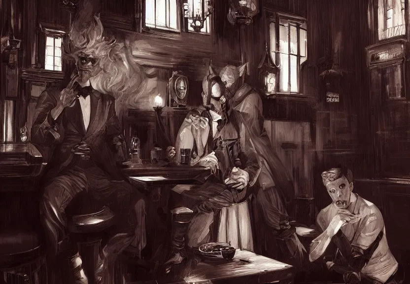 Image similar to the devil demon and a handsome Frenchman sitting in a Irish pub, film noir style, black and white and red colors, establishing shot, highly detailed, digital painting, artstation, concept art, smooth, sharp focus, illustration, Unreal Engine 5, 8K, art by artgerm and greg rutkowski and alphonse mucha