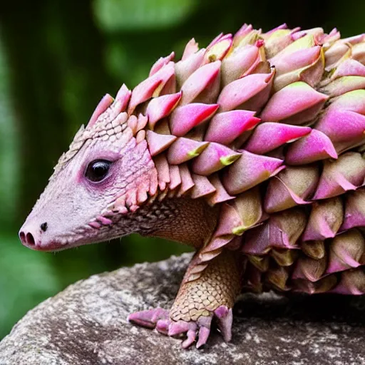 Prompt: photo of a pangolin that looks like a dragonfruit