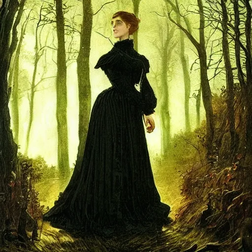 Image similar to A beautiful victorian woman, night, gothic dress, flowing hair, oil painting, portrait, magical forest, , glow, dramatic lighting, dramatic light, masterpiece, high detail, long shadow, amazing composition, detailed, painted by Caspar David Friedrich