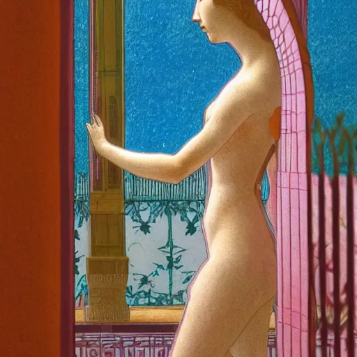 Prompt: a girl lost in a temple, film still by wes anderson, depicted by leon battista alberti, limited color palette, very intricate, art nouveau, highly detailed, lights by hopper, soft pastel colors, minimalist