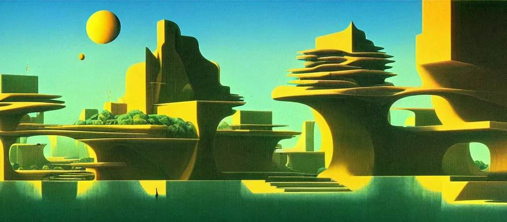 Image similar to huge gargantuan angular dimension of infinite liminal spaces, buildings by escher and ricardo bofill. utopian landscape by roger dean. magical realism, surrealism, waterfalls, clouds, mallsoft, vaporwave, shot from below, epic scale