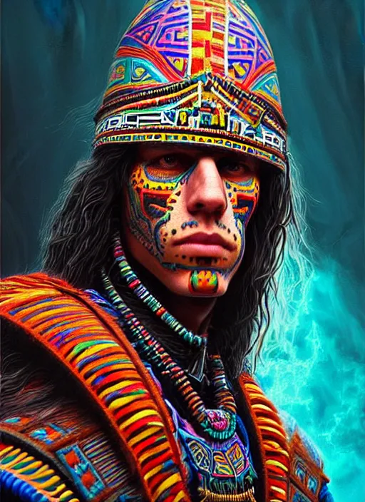 Prompt: portrait of jesse eisenberg, hyper detailed ultra sharp aztec shaman warrior. trending on artstation, warpaint aesthetic, bloodwave, colorful, psychedelic, ornate, intricate, digital painting, concept art, smooth, sharp focus, illustration, art by artgerm and greg rutkowski and h. r. giger, 8 k