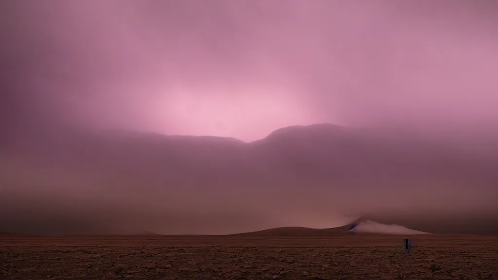 Image similar to a lone figure at the distance on soft glow pink desert with snow mountains and cloudy skies, purple fog, thunderstorms in the distance, long exposure, detailed, hyper realistic, photorealism, landscape, ultra wide angle view, peaceful, cinematic, volumetric lighting, god ray through clouds