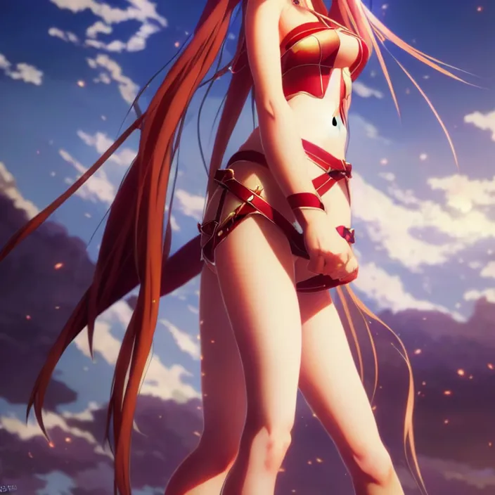 Image similar to very beautifu photo of asuna from sao, asuna by a - 1 pictures, by greg rutkowski, gil elvgren, enoch bolles, glossy skin, pearlescent, anime, maxim magazine, very coherent, mega detailed, 3 d render