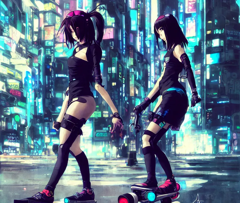 Image similar to cyberpunk anime girl flip skateboard, sport, neonpunk, alita, arcane, fortiche, action, tokyo street, detail, good face, pose model, concept art, in style of yoji shinkawa, pan ren wei, col price, atey ghailan, by greg rutkowski, aesthetic