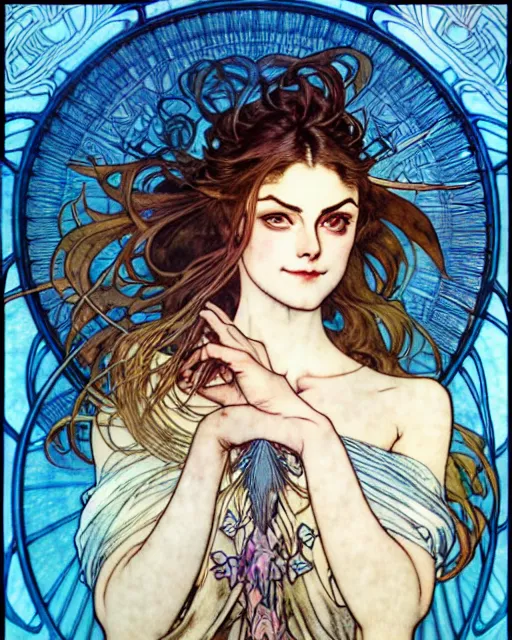 Image similar to in the style of artgerm, arthur rackham, alphonse mucha, phoebe tonkin, symmetrical eyes, symmetrical face, flowing blue skirt, full entire body, hair blowing, intricate filagree, hidden hands, warm colors, cool offset colors