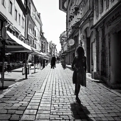 Prompt: Chrome coloured woman walking down a black and white street, Belgrade, Knez Mihajlova, hyper realistic, photo