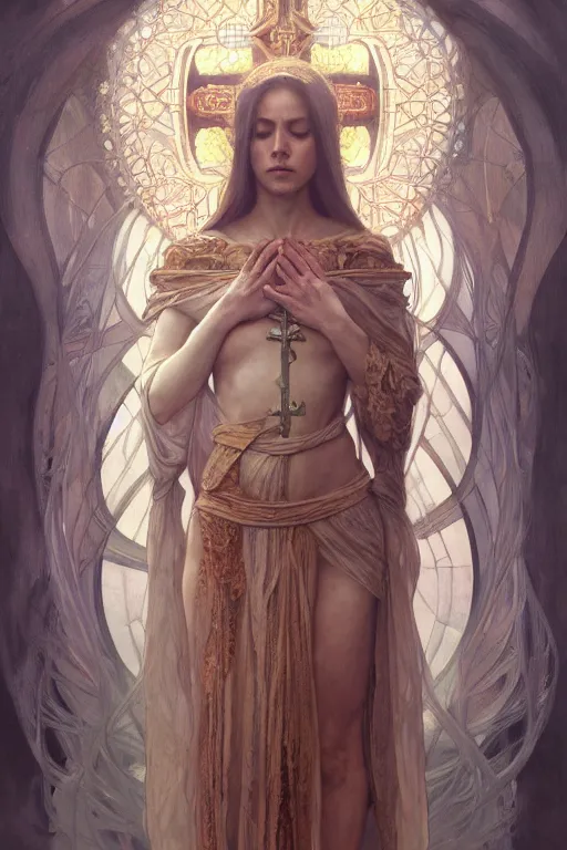 Prompt: a full body portrait of a beautiful ethereal delicate botanist mage queen meditative sacral pose catholic stages of the cross, intricate, elegant, highly detailed, digital painting, artstation, concept art, smooth, sharp focus, illustration, art by krenz cushart and artem demura and alphonse mucha