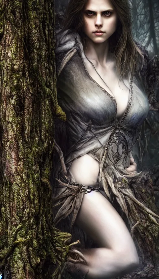 Image similar to photo of a gorgeous nordic female in a dark forest in, alexandra daddario face, realistic, sharp focus, 8 k high definition, insanely detailed, intricate, elegant, art by stanley lau and artgerm, luis royo, greg kutkowski