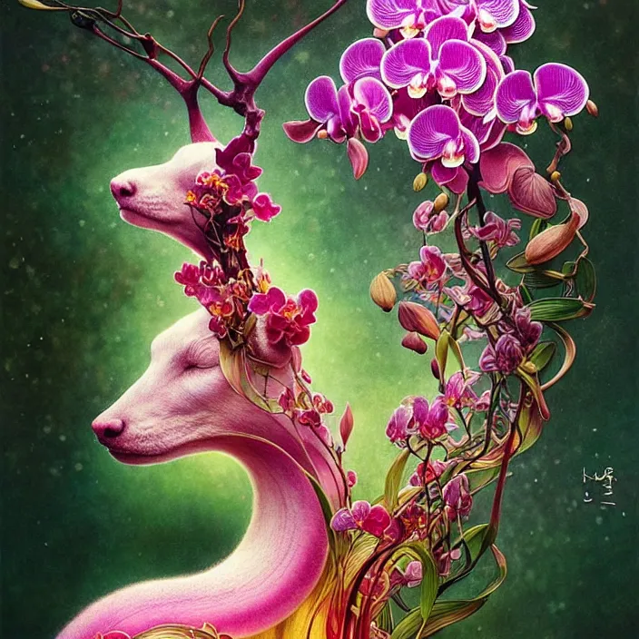 Image similar to psychedelic animal made of orchid and cherry blossom tree and mushrooms, LSD, diffuse lighting, fantasy, intricate, elegant, highly detailed, lifelike, photorealistic, digital painting, artstation, illustration, concept art, smooth, sharp focus, art by John Collier and Albert Aublet and Krenz Cushart and Artem Demura and Alphonse Mucha and Giuseppe Arcimboldo