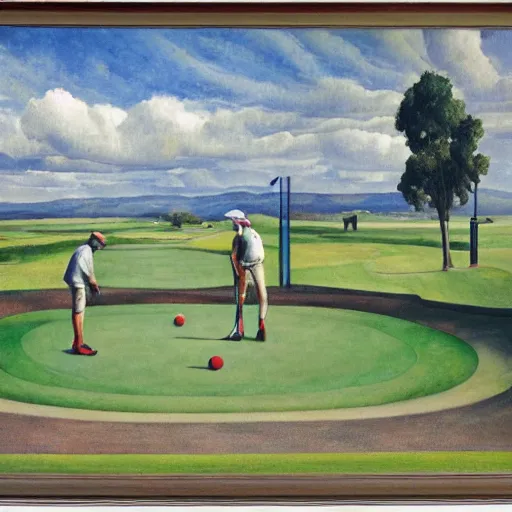 Image similar to Three golfers on a beautiful golf course driving range, by Diego Rivera