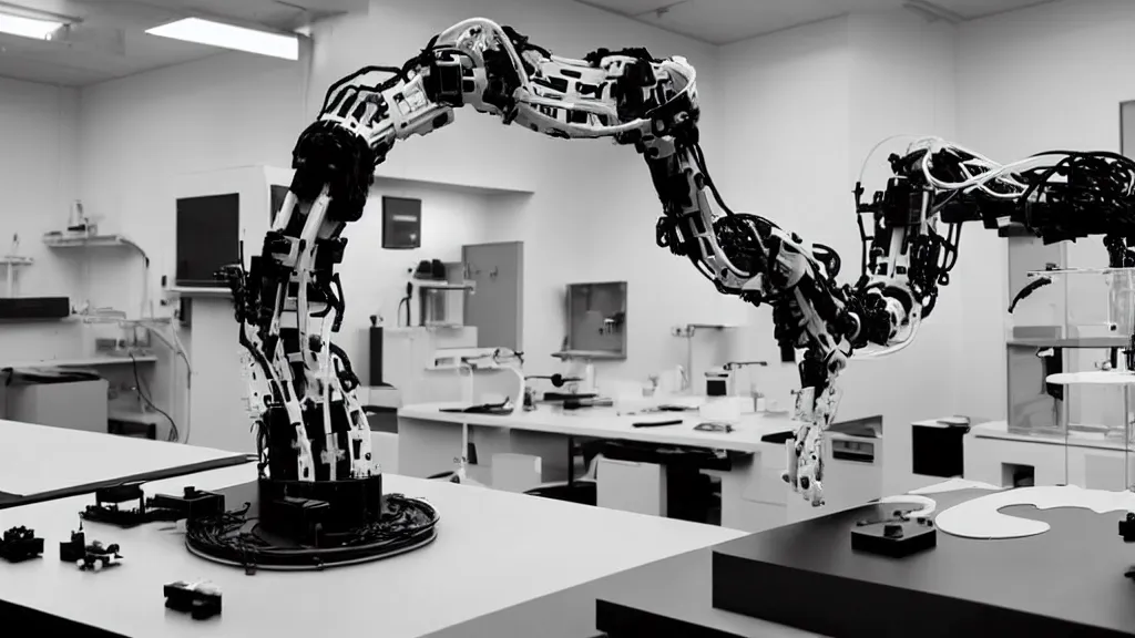 Image similar to a complex bifurcated robotic cnc surgical arm hybrid mri 3 d printer machine making black and white ceramic mutant forms in the laboratory inspection room, film still from the movie directed by denis villeneuve with art direction by salvador dali, wide lens