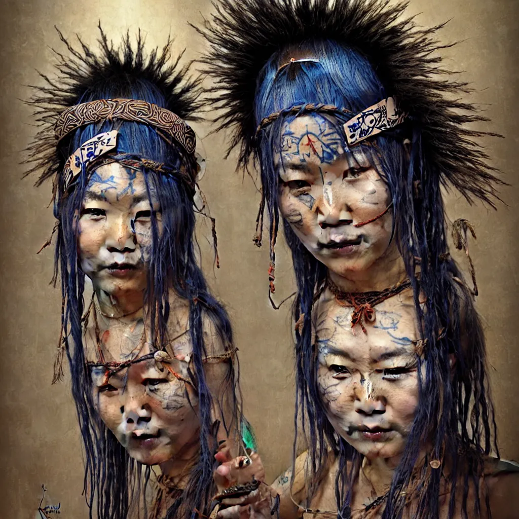 Image similar to A young blindfolded shaman japanese woman with a decorated headband performing a pagan ritual, in the style of heilung, blue hair dreadlocks and wood on her head, tribal piercing and tatoos , atmospheric lighting, intricate detail, cgsociety, ambient light, dynamic lighting, art by karol bak