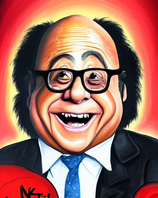 Image similar to painting portrait of danny devito as a ham, cartoon, warm lighting, danny devito has a ham body. movie poster, illustration by bartek fedyczak, erak note, tooth wu, neil richards, kan liu, siwoo kim, jisu choe, trending on art station