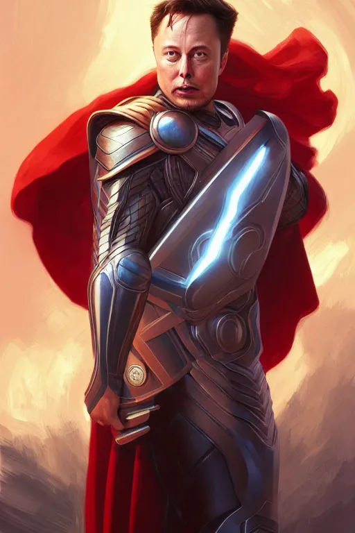 Image similar to elon musk as thor, realistic portrait, symmetrical, highly detailed, digital painting, artstation, concept art, smooth, sharp focus, illustration, cinematic lighting, art by artgerm and greg rutkowski and alphonse mucha