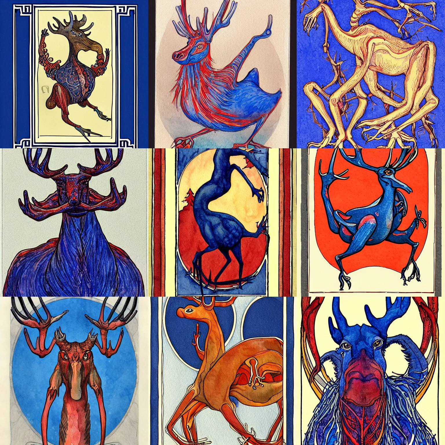 Prompt: eight - limbed long - necked turkey - moose creature with four arms, arms growing from chest, grasping hands | romanticist, art nouveau illustration, figurative art, loose linework, watercolor wash over inks, cadmium red, cobalt blue, payne's grey, luminism