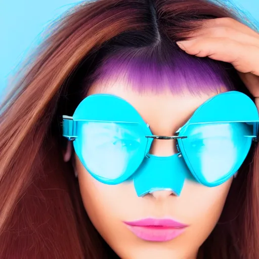 Image similar to closeup painting of a very beautiful young mexican cyberpunk woman with light blue shutter shades, one side haircut, long brown hair with light blue ends, purple leather jacket