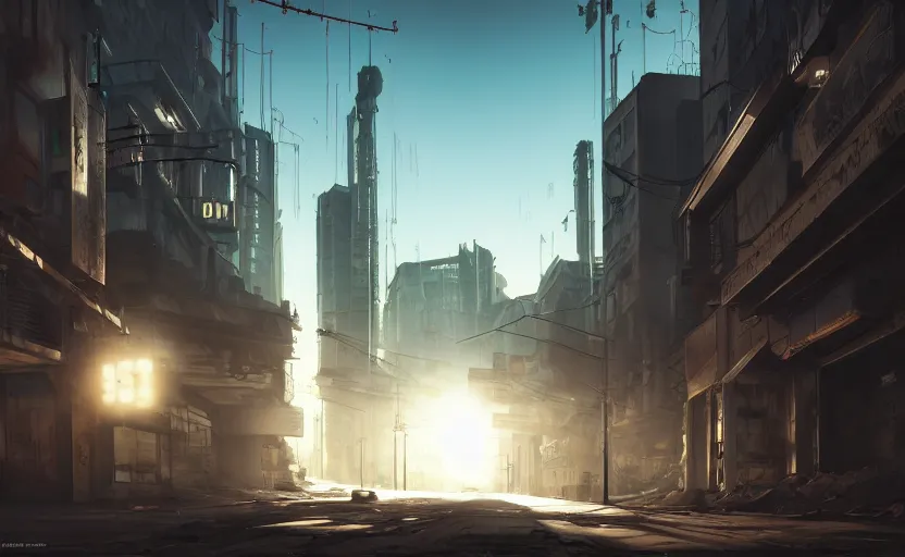 Prompt: photorealistic post - apocalyptic cyberpunk city streets. daylight. sunlight. lens flare. light fixtures. 8 k. detailed. photorealism. artstation. 2 5 mm f 1. 7