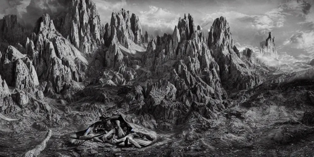 Image similar to photography of witch burning, dolomites in the background, occult signs, witch burning, pyre, solstice fire, alp, dolomites, alpine, detailed intricate insanely detailed octane render, 8k artistic 1920s photography, photorealistic, black and white, chiaroscuro, hd, by David Cronenberg, Raphael, Caravaggio