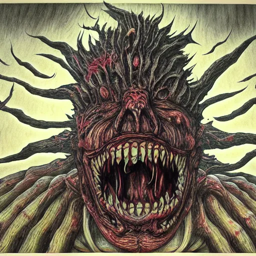 Image similar to Horror beast by junji ito , Colored pencil , Hyperdetailed , trending on artstation , CGSociety , matte painting , Concept art