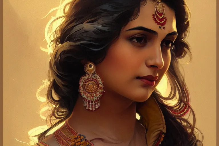 Image similar to sensual pale beautiful indian doctor in jeans, art deco portrait, elegant, intricate, digital painting, artstation, concept art, smooth, sharp focus, illustration, art by artgerm and greg rutkowski and alphonse mucha