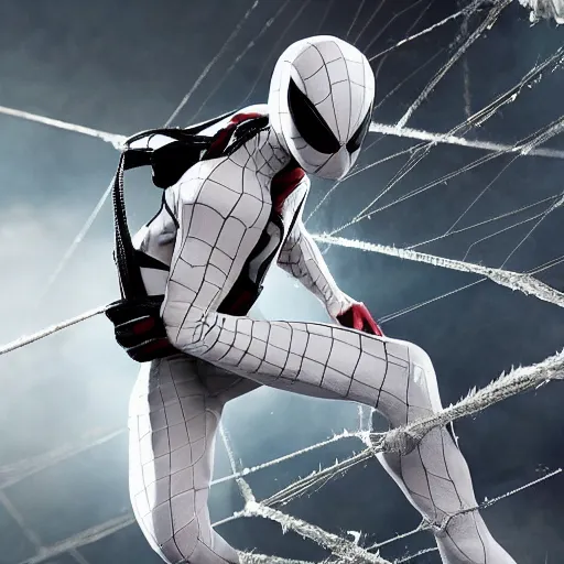 Image similar to white spider - man suit with black web lining, cinematic, volumetric lighting, realistic, hyperdetailed, photorealistic, photograph