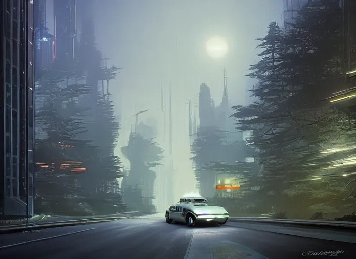 Image similar to a car bu driving down a street next to tall Forest-1 the night, cyberpunk art by Chesley Bonestell, cgsociety, retrofuturism, matte painting, reimagined by industrial light and magic