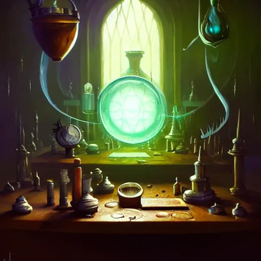 Prompt: mysterous, table, wizards laboratory, greg rutkowski, mortar, pestle, magic powder, compass energy flowing, magic book, beakers of colored liquid, tony sart