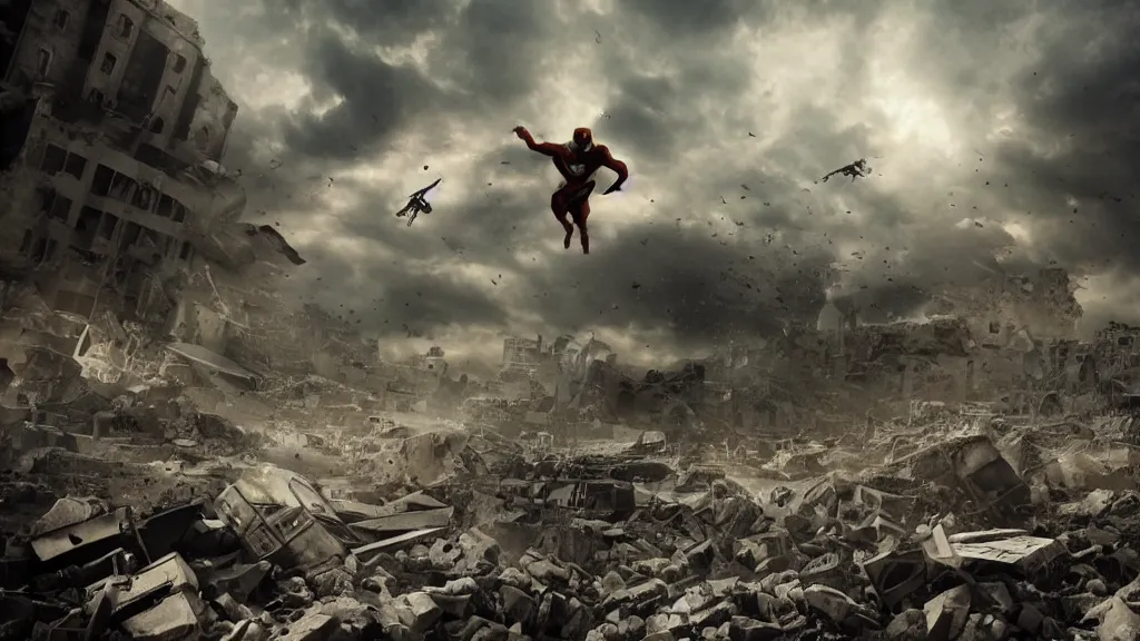 Prompt: superhero flying at a destroyed city, dark image, great lighting, cinematic.