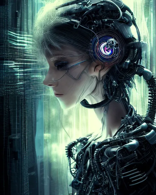 Prompt: portrait photo of an aesthetic biomechanical cyborg plugged into a quantum computer with cables and wires and optic fibers. cyberpunk horror style. art by luis royo. highly detailed 8 k. intricate. nikon d 8 5 0 5 5 mm. award winning photography.