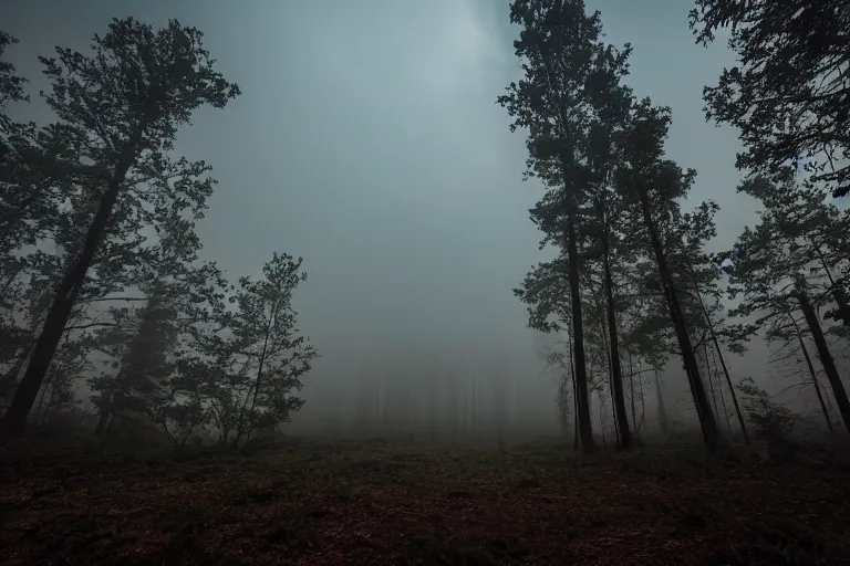 Image similar to An ultrawide cinematic shot of a forest at night with fog and lightning.