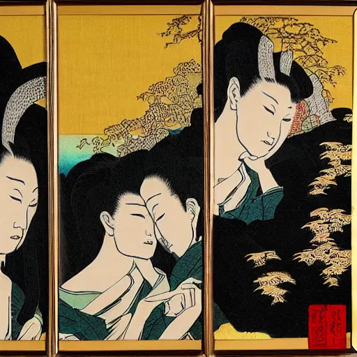 Image similar to fallen angels by wong kar - wai depicted in a hokusai inspired triptych painting