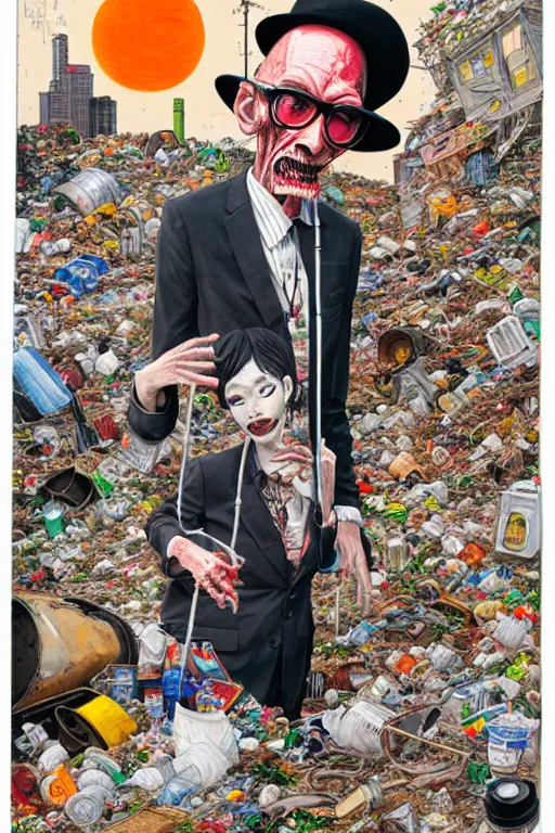 Image similar to full view, from a distance, of anthropomorphic trashcan william s burroughs, full of trash, style of yoshii chie and hikari shimoda and martine johanna, highly detailed