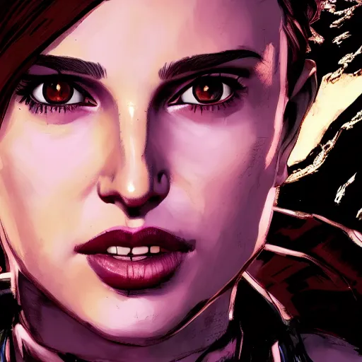 Image similar to natalie portman portrait, borderlands, tales from the borderlands, the wolf among us, comic, cinematic lighting, studio quality, 8 k