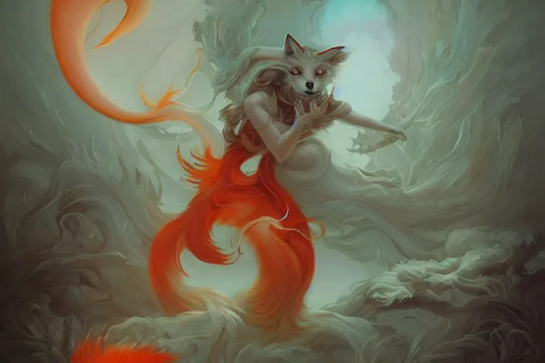 Image similar to prompt A beautiful red orange kumiho, fluffy nine fox tails, Peter Mohrbacher