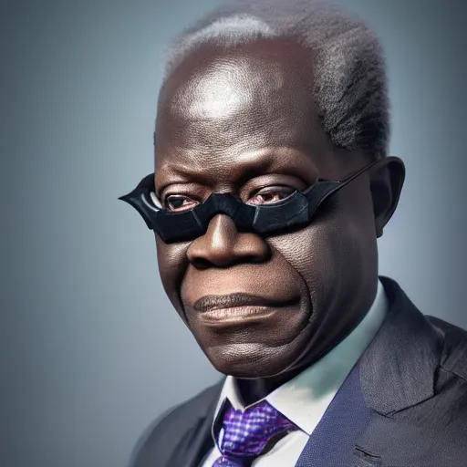 Prompt: Bola Tinubu as Batman, Bat suit with no cowl, no mask, portrait, hyper-realistic, sharp focus, highly detailed, depth of field, octane render