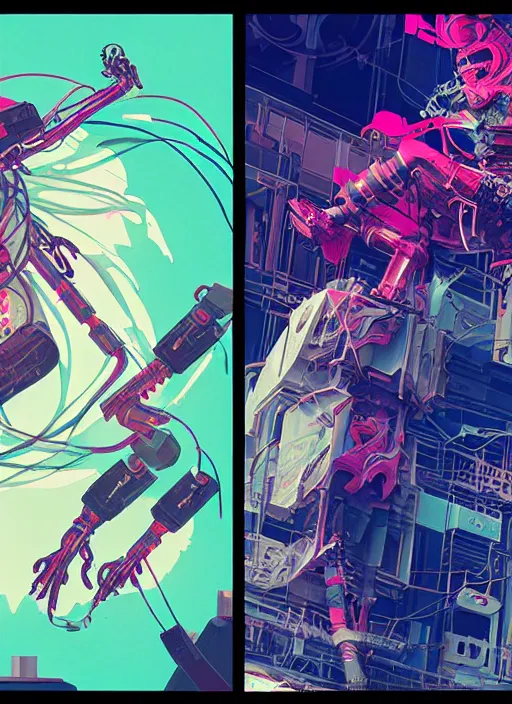 Image similar to character design, cyberpunk nezha resurrected in mechanical lotus, concert poster retro, conrad roset, greg rutkowski, flume cover art