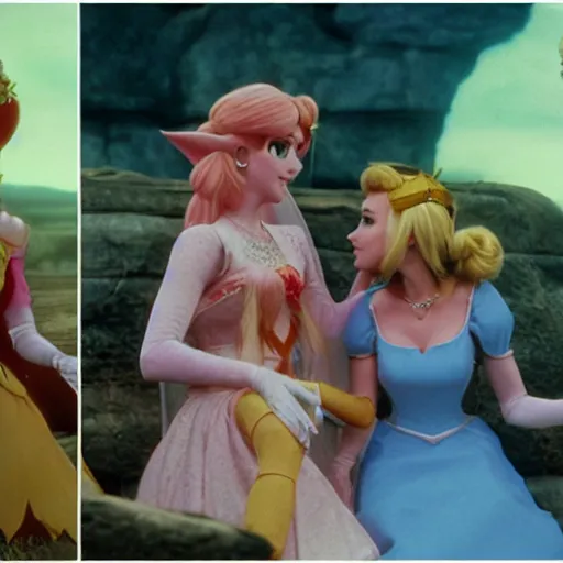 Prompt: the lesbian wedding of princess peach and princess zelda, photo, photograph, film