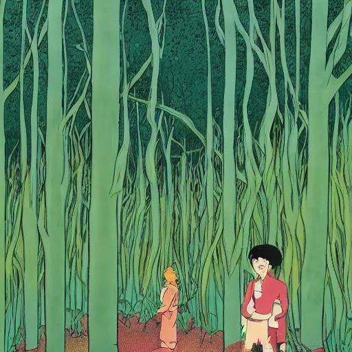 Image similar to A beautiful experimental art of a serene and picturesque forest scene. The leaves are all different shades of green, and the sunlight is shining through the trees. There is a small stream running through the forest, and the whole scene is surrounded by mountains. amaranth, Carboniferous by Rumiko Takahashi, by Jamie McKelvie offhand