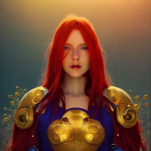 Image similar to highly detailed portrait of a red-haired young woman wearing a futuristic blue tunic, floating in a field of glowing golden tentacles, octane render, trending on artstation, by Artgerm,Greg Rutkowski,Alphonse Mucha, 4k resolution