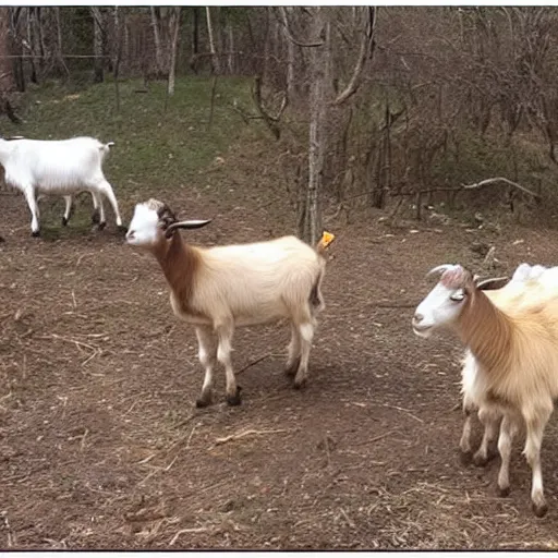 Image similar to trailcam footage of goats conducting a seance