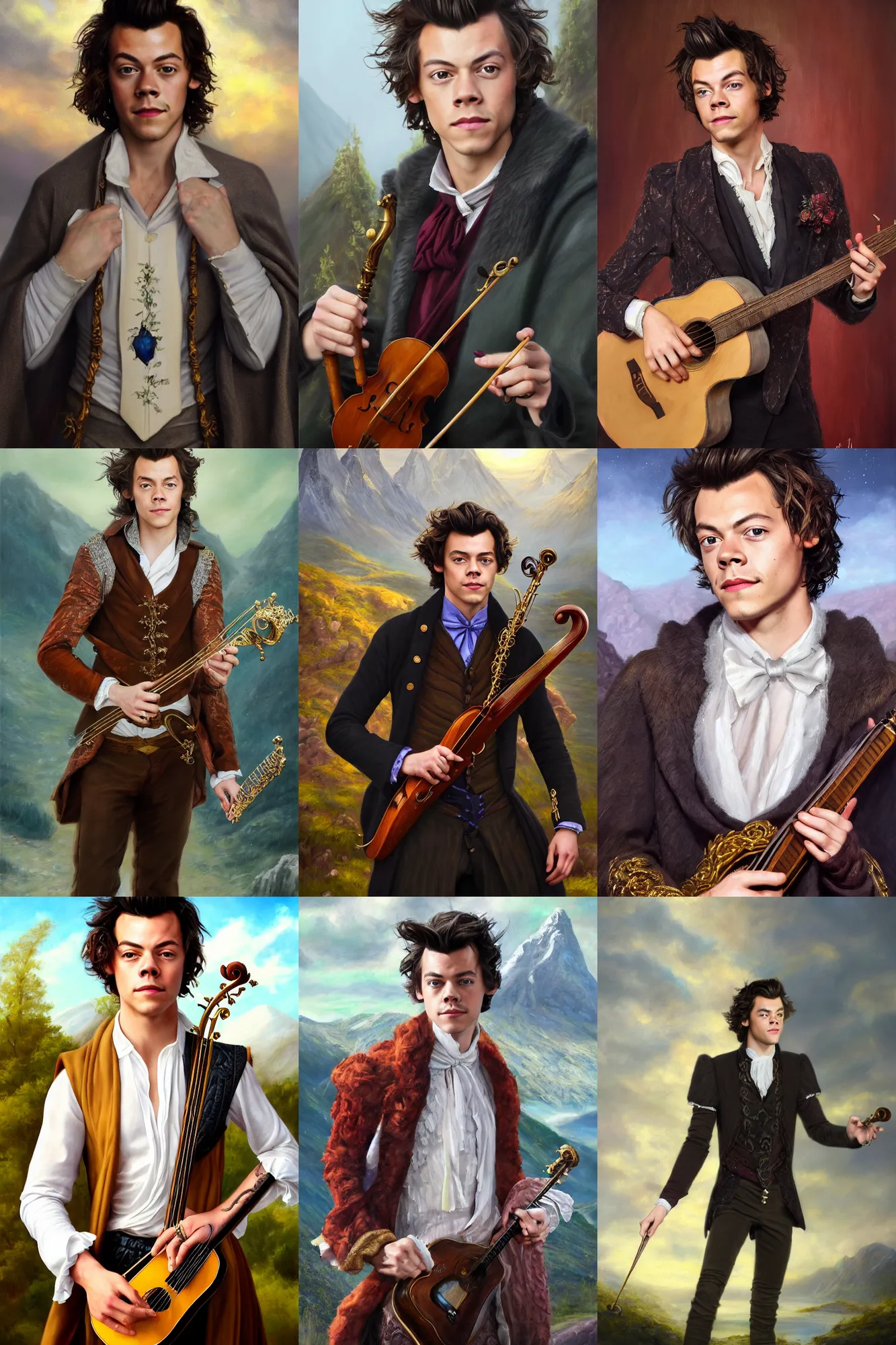 Image similar to a full body high detail fantasy portrait oil painting illustration of harry styles as elegant male bard by justin sweet with face and body clearly visible, in a scenic background, pupils visible, realistic proportions, d & d, rpg, forgotten realms, artstation trending, high quality, sombre mood, artstation trending, muted colours, entire person visible!