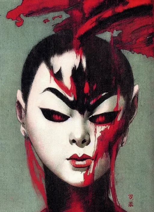 Prompt: portrait of bald korean vampiress, strong line, saturated color, beautiful! coherent! by frank frazetta, high contrast, minimalism